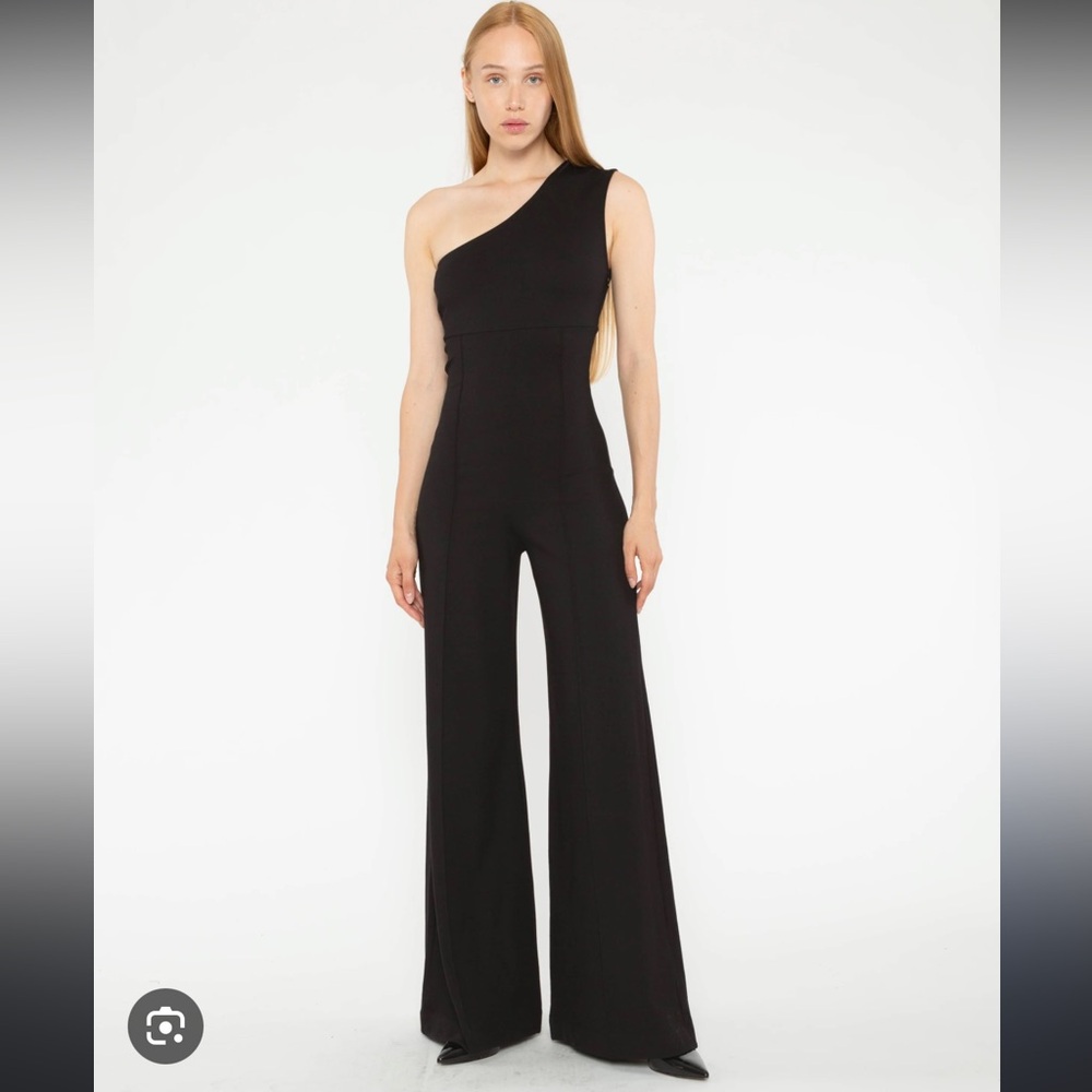 Ripley Rader BLACK ONE SHOULDER PONTE KNIT WIDE LEG JUMPSUIT